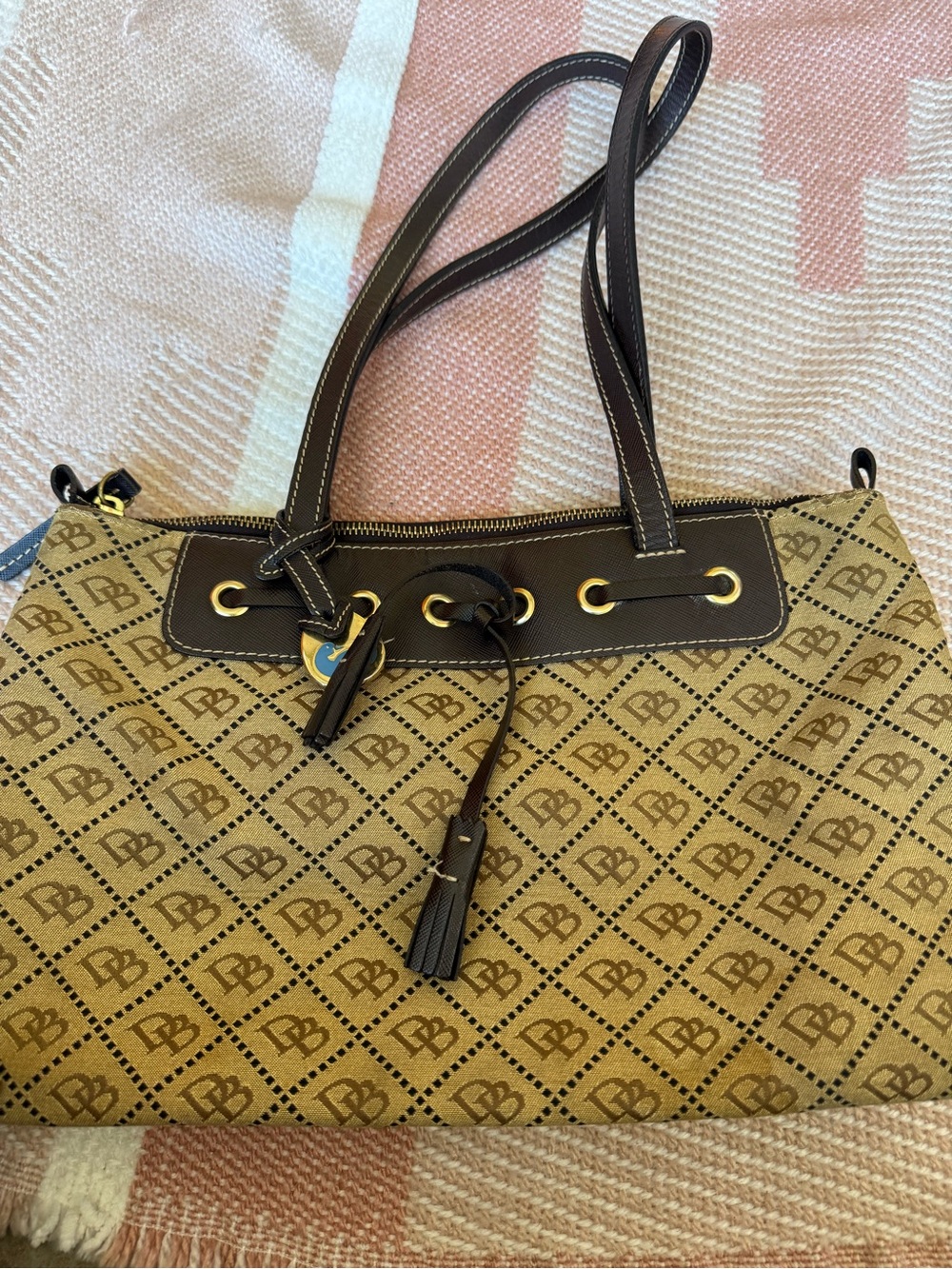 Dooney & Bourke Tan and Dark Brown Logo Tote with Tassel